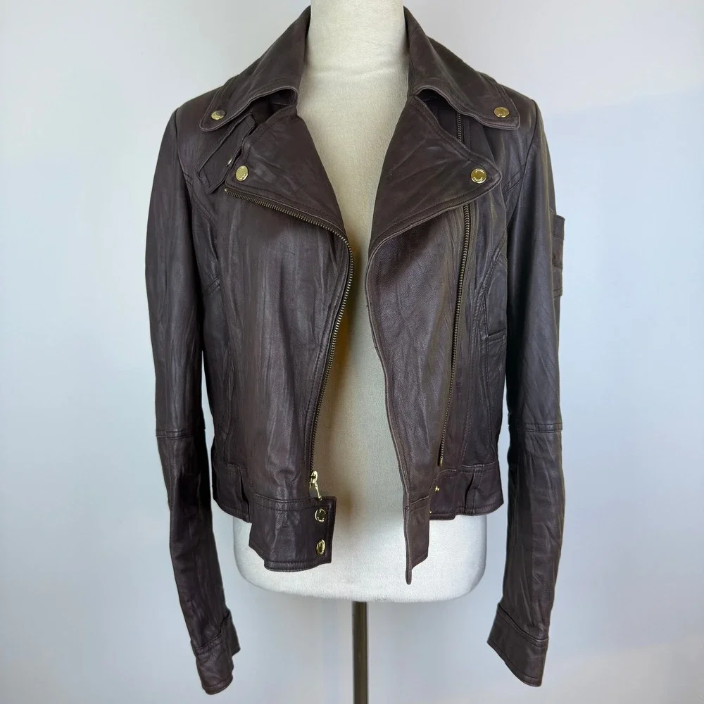 Y2K Guess Womens Brown Real Leather Moto Jacket Gold Zip & Snaps Pocket Size LG